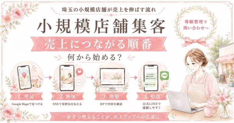 埼玉の小規模店舗集客で、Google Maps・SNS・HP・公式LINEを使い分けて売上につながる導線を整える流れを示したアイキャッチ画像