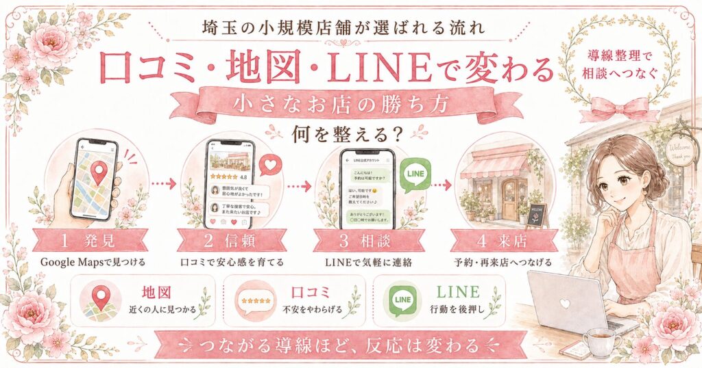 埼玉の小規模店舗集客で、口コミ・Google Maps・公式LINEを活用して問い合わせや再来店につなげる流れを示したアイキャッチ画像
