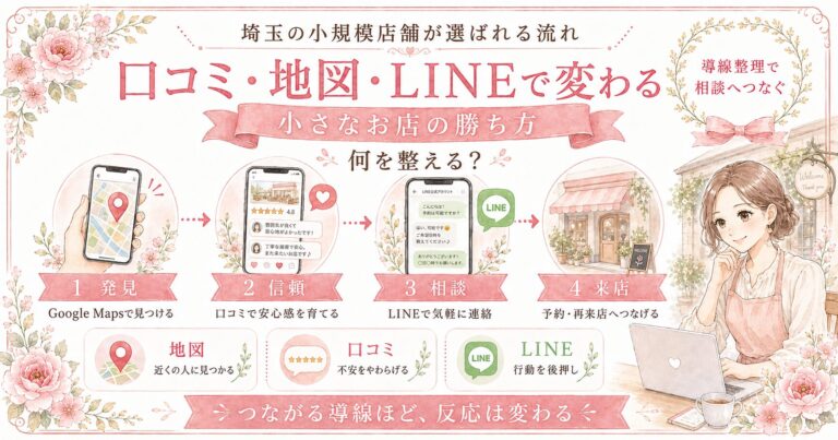 埼玉の小規模店舗集客で、口コミ・Google Maps・公式LINEを活用して問い合わせや再来店につなげる流れを示したアイキャッチ画像