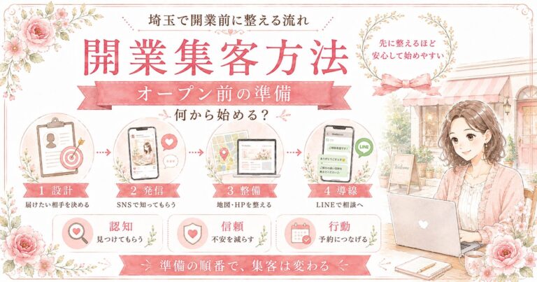 埼玉で開業前に整える集客方法として、設計・発信・地図やHP整備・LINE導線の流れを解説したアイキャッチ画像
