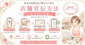 埼玉の店舗宣伝方法として、Google Maps・SNS・HP・LINEを使い、広告前に見つかる準備と来店導線を整える流れを示したアイキャッチ画像
