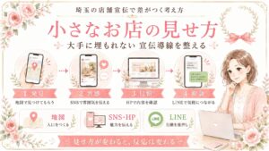 埼玉の店舗宣伝方法として、小さなお店が地図・SNS・HP・LINEを使い分け、大手に埋もれない見せ方を整える流れを示したアイキャッチ画像