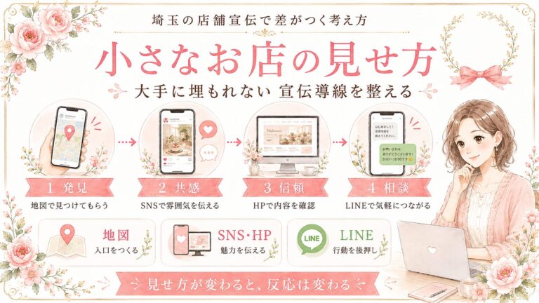 埼玉の店舗宣伝方法として、小さなお店が地図・SNS・HP・LINEを使い分け、大手に埋もれない見せ方を整える流れを示したアイキャッチ画像