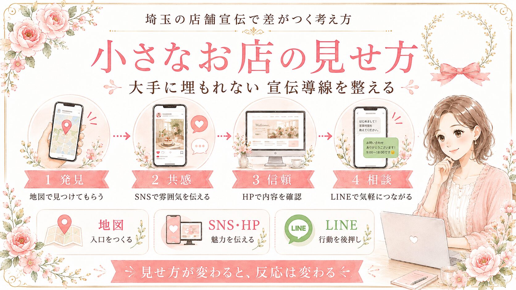 埼玉の店舗宣伝方法として、小さなお店が地図・SNS・HP・LINEを使い分け、大手に埋もれない見せ方を整える流れを示したアイキャッチ画像