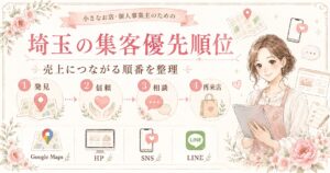 埼玉の集客優先順位として、発見・信頼・相談・再来店の流れとGoogle Maps・HP・SNS・LINEの役割を示したアイキャッチ画像