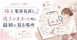 埼玉の集客見直しで、売上が止まった時に地図・HP・SNS・LINEの導線を確認するポイントを示したアイキャッチ画像
