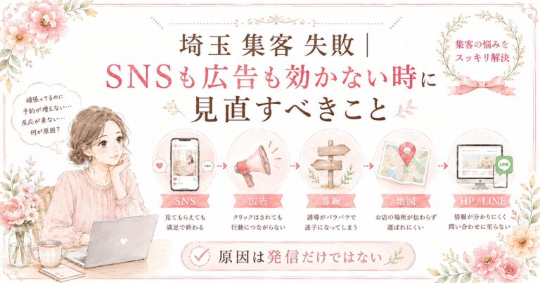 埼玉 集客 失敗をテーマに、SNSも広告も効かない時に導線・地図・HP・LINEを見直すポイントを示したアイキャッチ画像