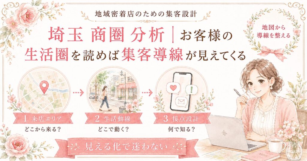 埼玉 商圏 分析をテーマに、お客様の生活圏を読み、来店エリア・生活動線・接点設計から集客導線を整理するアイキャッチ画像