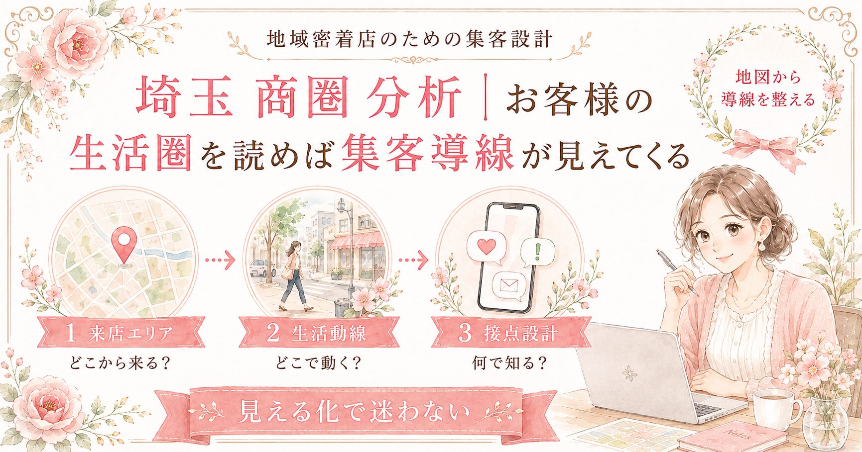 埼玉 商圏 分析をテーマに、お客様の生活圏を読み、来店エリア・生活動線・接点設計から集客導線を整理するアイキャッチ画像