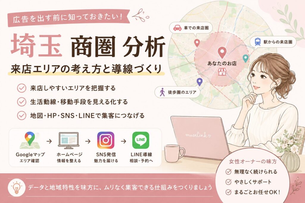 埼玉 商圏 分析をテーマに、広告を出す前に来店エリア・生活動線・地図・HP・SNS・LINE導線を整理するアイキャッチ画像