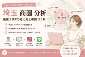埼玉 商圏 分析をテーマに、広告を出す前に来店エリア・生活動線・地図・HP・SNS・LINE導線を整理するアイキャッチ画像