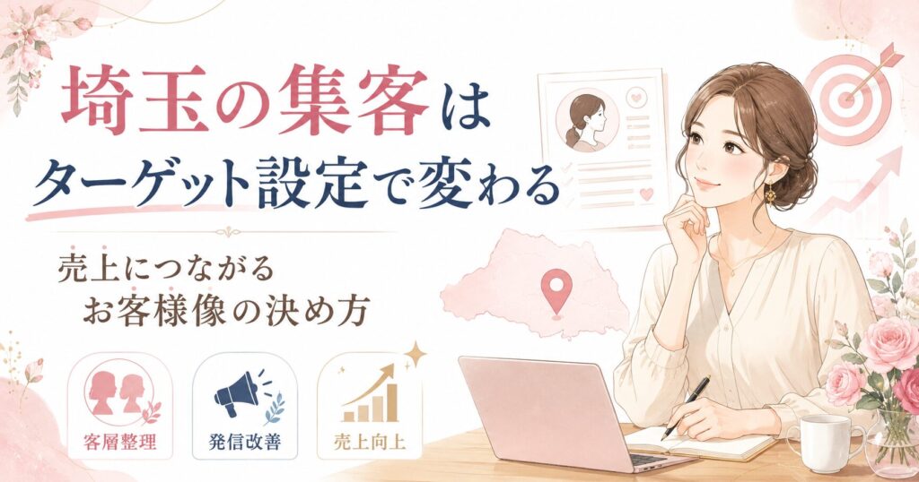 埼玉の店舗集客はターゲット設定で変わることを、女性経営者とお客様像・発信改善・売上向上の要素で表したアイキャッチ画像