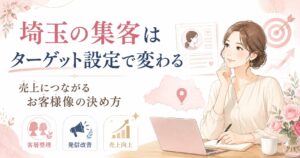 埼玉の店舗集客はターゲット設定で変わることを、女性経営者とお客様像・発信改善・売上向上の要素で表したアイキャッチ画像