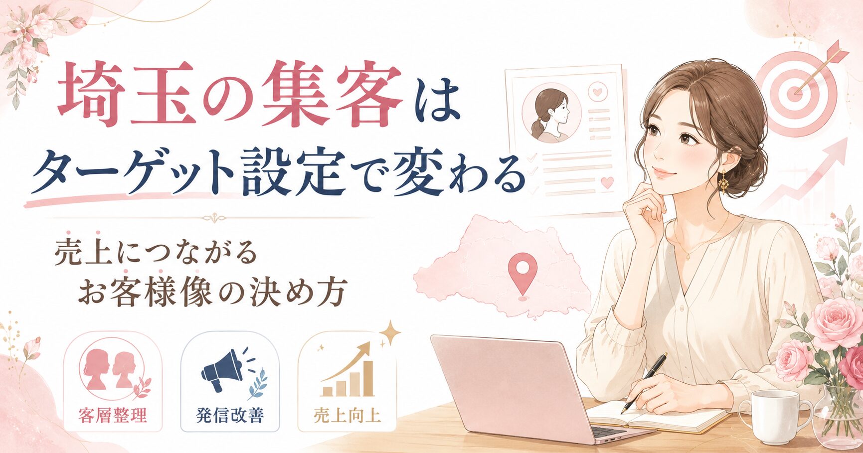 埼玉の店舗集客はターゲット設定で変わることを、女性経営者とお客様像・発信改善・売上向上の要素で表したアイキャッチ画像