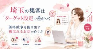 埼玉の店舗集客でターゲット設定を見直し、価格競争から抜け出して選ばれるお店を作る方法を表した女性経営者向けアイキャッチ画像