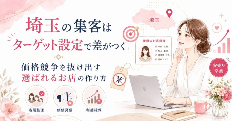 埼玉の店舗集客でターゲット設定を見直し、価格競争から抜け出して選ばれるお店を作る方法を表した女性経営者向けアイキャッチ画像