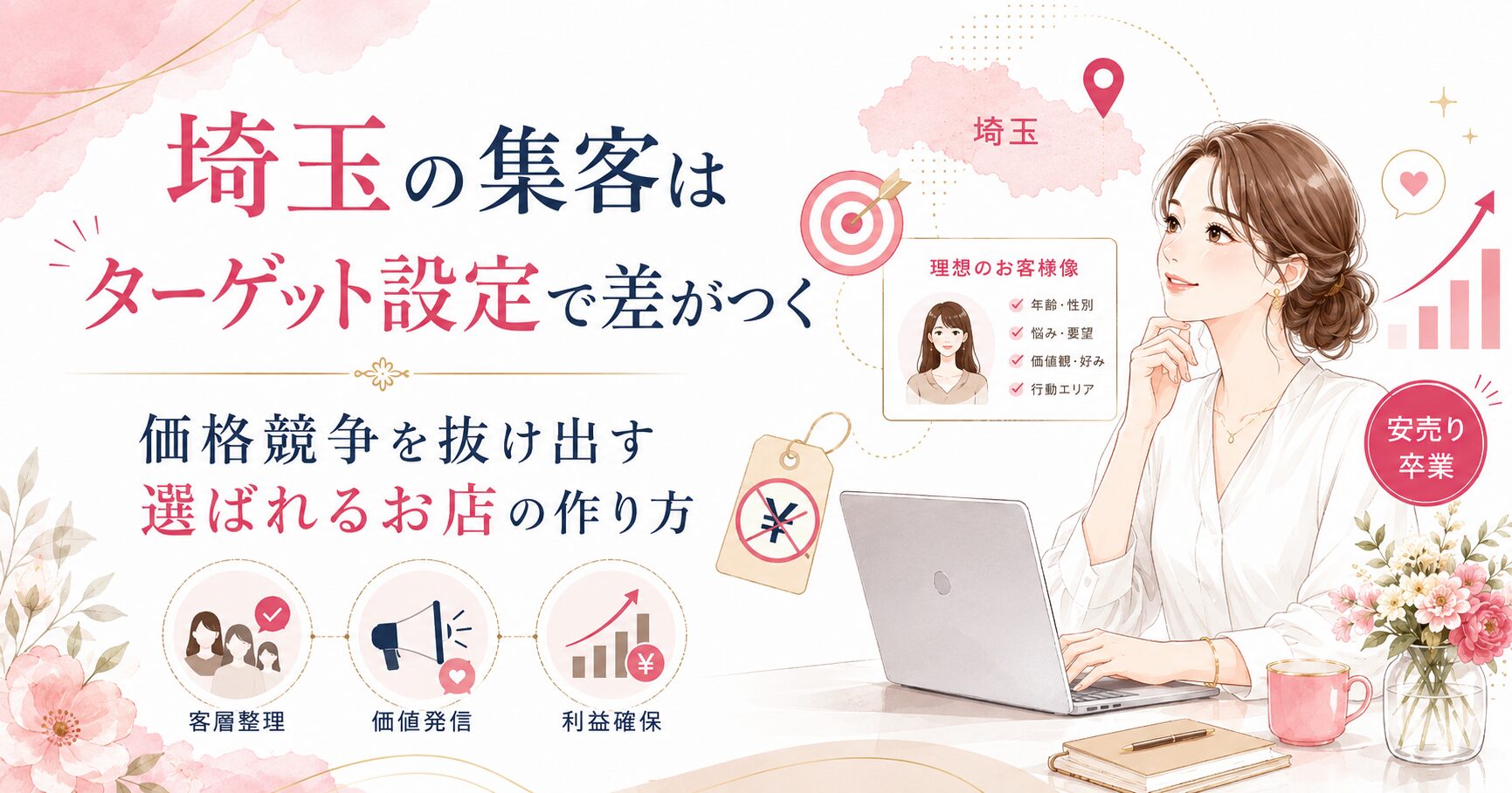 埼玉の店舗集客でターゲット設定を見直し、価格競争から抜け出して選ばれるお店を作る方法を表した女性経営者向けアイキャッチ画像