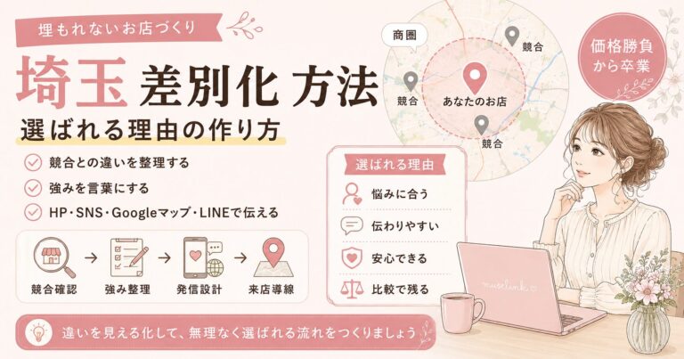 埼玉の店舗が差別化方法を見直し、競合との違いや強みを整理して選ばれる理由を作る流れを表した女性経営者向けアイキャッチ画像