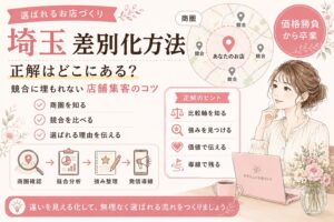 埼玉の店舗が差別化方法の正解を見つけるために、商圏確認・競合分析・強み整理・発信導線を整える流れを表した女性経営者向けアイキャッチ画像
