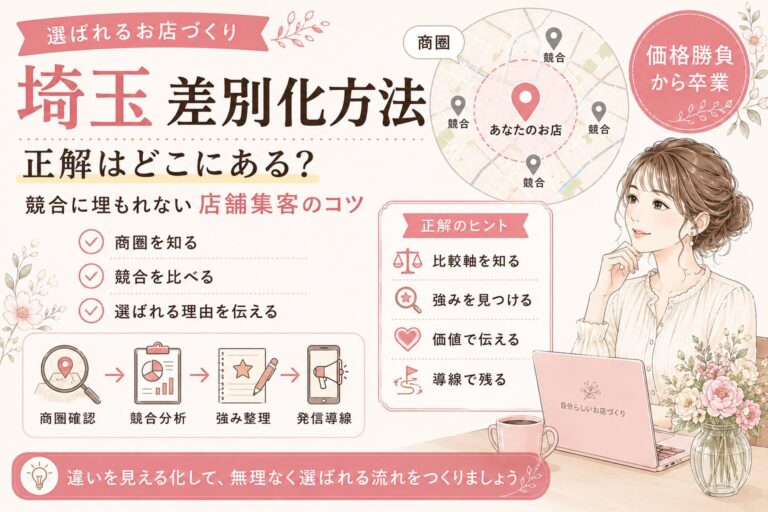 埼玉の店舗が差別化方法の正解を見つけるために、商圏確認・競合分析・強み整理・発信導線を整える流れを表した女性経営者向けアイキャッチ画像