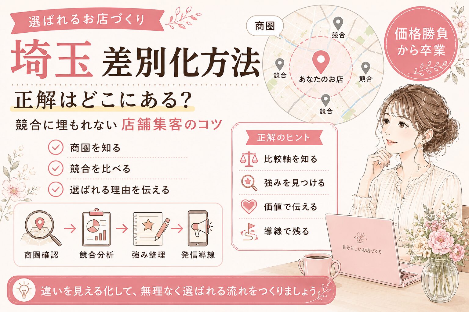 埼玉の店舗が差別化方法の正解を見つけるために、商圏確認・競合分析・強み整理・発信導線を整える流れを表した女性経営者向けアイキャッチ画像