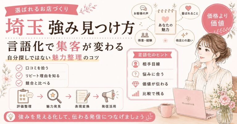 埼玉の店舗が強みの見つけ方を整理し、口コミ・リピート理由・競合比較から魅力を言語化して集客につなげる流れを表した女性経営者向けアイキャッチ画像