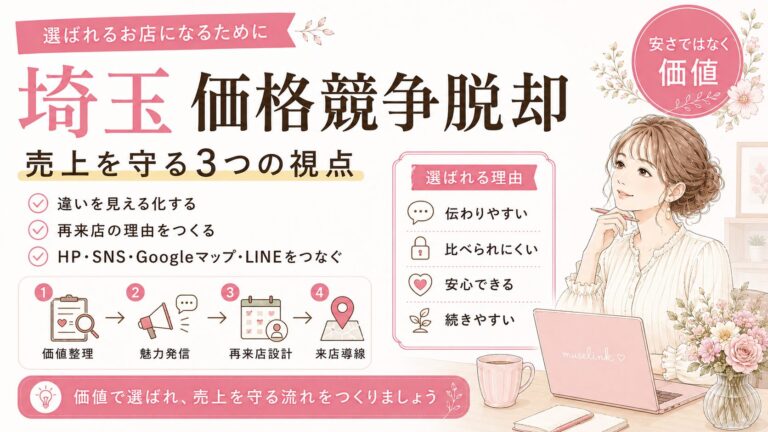 埼玉の店舗が価格競争から脱却し、価値整理・魅力発信・再来店設計・来店導線を整えて売上を守る流れを表した女性経営者向けアイキャッチ画像