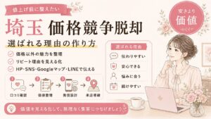 埼玉の店舗が価格競争から脱却するために、値上げ前に価値整理・発信設計・来店導線を整える流れを表した女性経営者向けアイキャッチ画像
