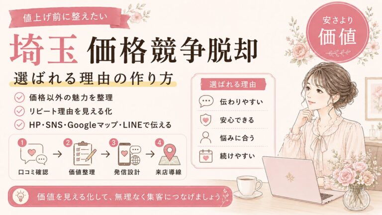 埼玉の店舗が価格競争から脱却するために、値上げ前に価値整理・発信設計・来店導線を整える流れを表した女性経営者向けアイキャッチ画像