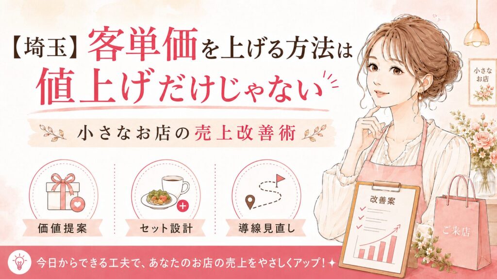 埼玉の小さなお店が客単価を上げる方法として、価値提案・セット設計・導線見直しで売上改善を目指す流れを表した女性経営者向けアイキャッチ画像