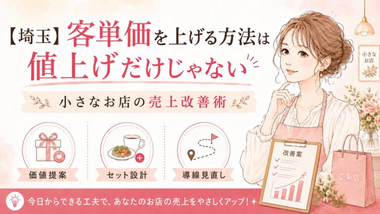 埼玉の小さなお店が客単価を上げる方法として、価値提案・セット設計・導線見直しで売上改善を目指す流れを表した女性経営者向けアイキャッチ画像