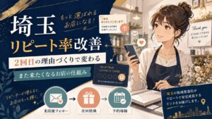 埼玉の地域密着店がリピート率改善のために、来店後フォロー・次回特典・予約導線を整え、2回目の来店理由を作る流れを表したアイキャッチ画像