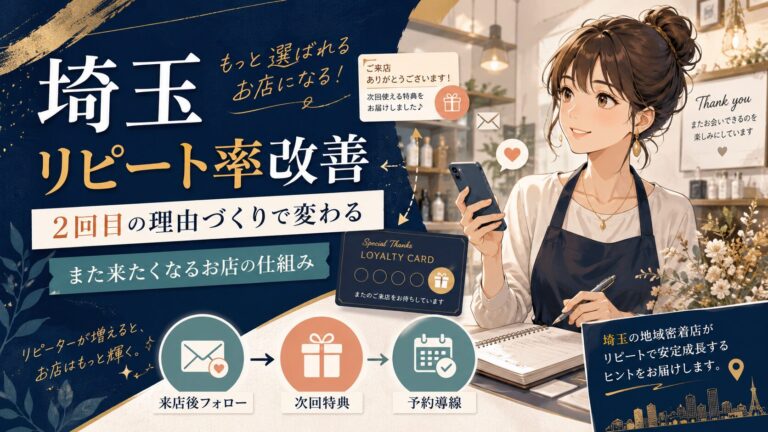 埼玉の地域密着店がリピート率改善のために、来店後フォロー・次回特典・予約導線を整え、2回目の来店理由を作る流れを表したアイキャッチ画像