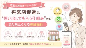 埼玉の店舗オーナーが再来店促進のために、LINE配信・特典クーポン・お知らせ・ファン化導線を整え、また来たくなる仕組みを作る流れを表した女性向けアイキャッチ画像