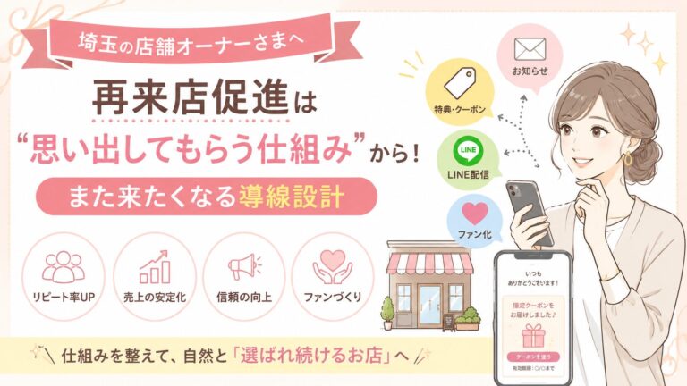 埼玉の店舗オーナーが再来店促進のために、LINE配信・特典クーポン・お知らせ・ファン化導線を整え、また来たくなる仕組みを作る流れを表した女性向けアイキャッチ画像