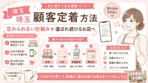 埼玉で顧客定着を目指す店舗向けに、初回来店後の接点づくり、LINE配信、お礼送信、再来店導線、信頼づくりの流れを整理した女性経営者向けアイキャッチ画像