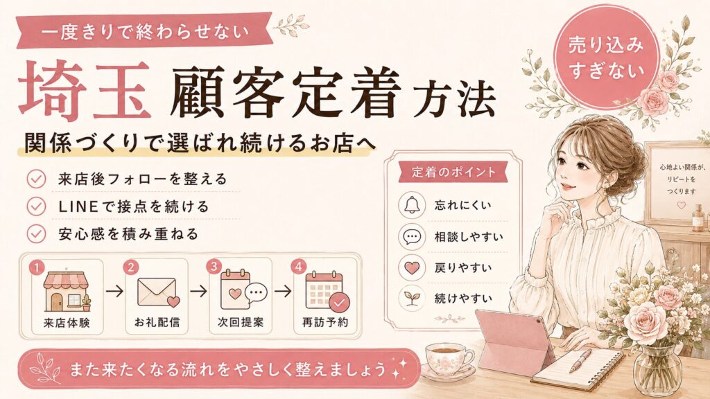埼玉で顧客定着を目指す店舗向けに、来店後フォロー・LINE配信・次回提案・再訪予約で関係づくりを整える流れを表した女性経営者向けアイキャッチ画像