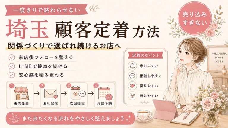 埼玉で顧客定着を目指す店舗向けに、来店後フォロー・LINE配信・次回提案・再訪予約で関係づくりを整える流れを表した女性経営者向けアイキャッチ画像