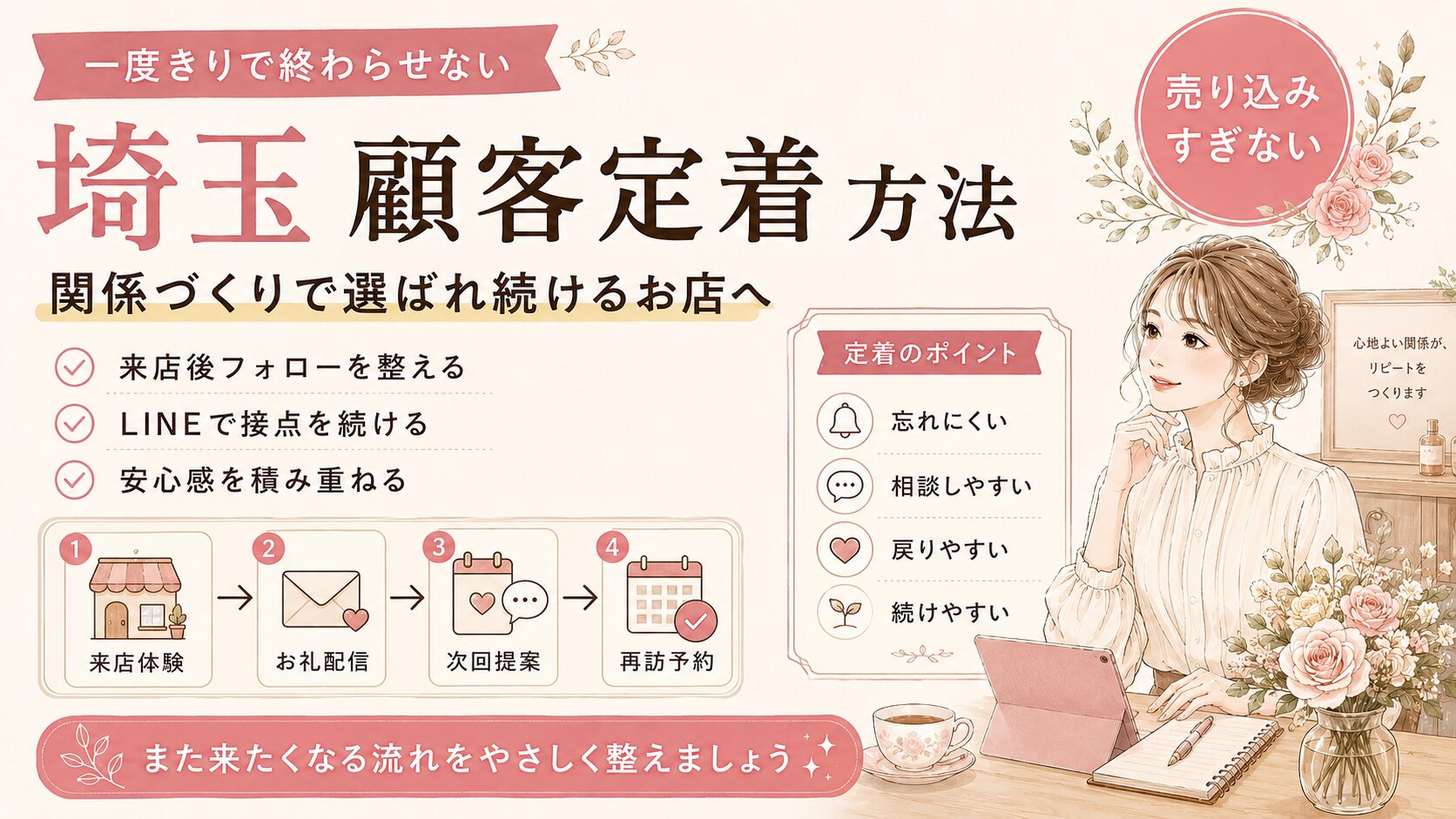 埼玉で顧客定着を目指す店舗向けに、来店後フォロー・LINE配信・次回提案・再訪予約で関係づくりを整える流れを表した女性経営者向けアイキャッチ画像