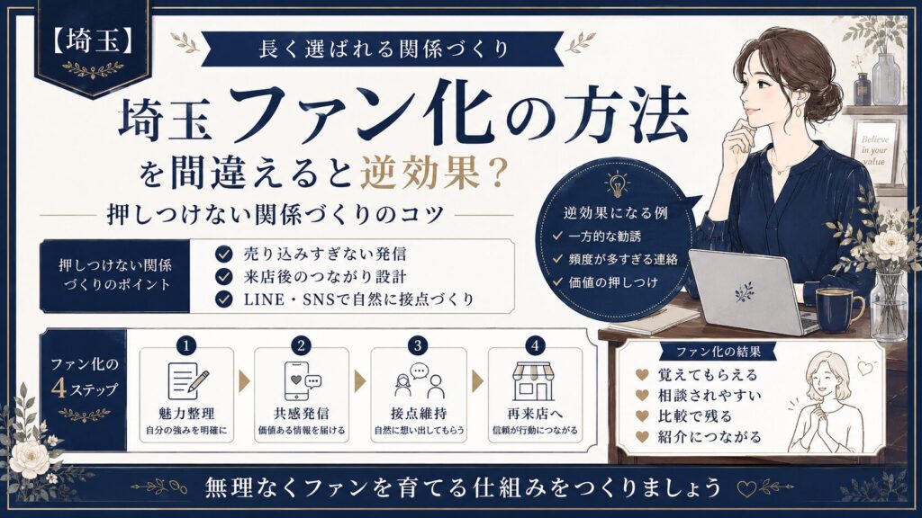 埼玉でファン化の方法を知りたい店舗向けに、魅力整理・共感発信・LINEやSNSでの接点維持・再来店導線をまとめたネイビー系の女性経営者向けアイキャッチ画像
