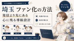 埼玉でファン化を目指す店舗向けに、共感発信・接点づくり・また会いたくなる導線設計をネイビー基調でまとめた女性経営者向けアイキャッチ画像