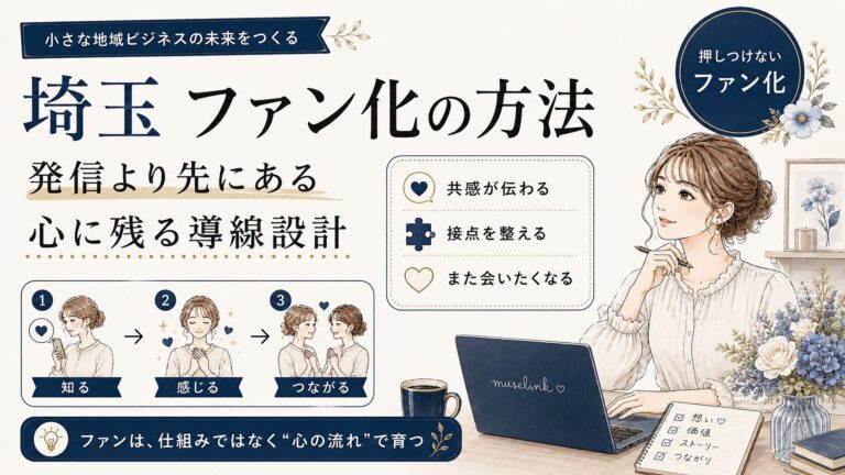 埼玉でファン化を目指す店舗向けに、共感発信・接点づくり・また会いたくなる導線設計をネイビー基調でまとめた女性経営者向けアイキャッチ画像