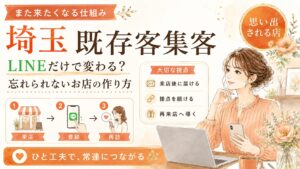埼玉で既存客集客を強化したい店舗向けに、LINE登録・来店後フォロー・接点づくり・再来店導線をオレンジ基調でまとめた女性経営者向けアイキャッチ画像