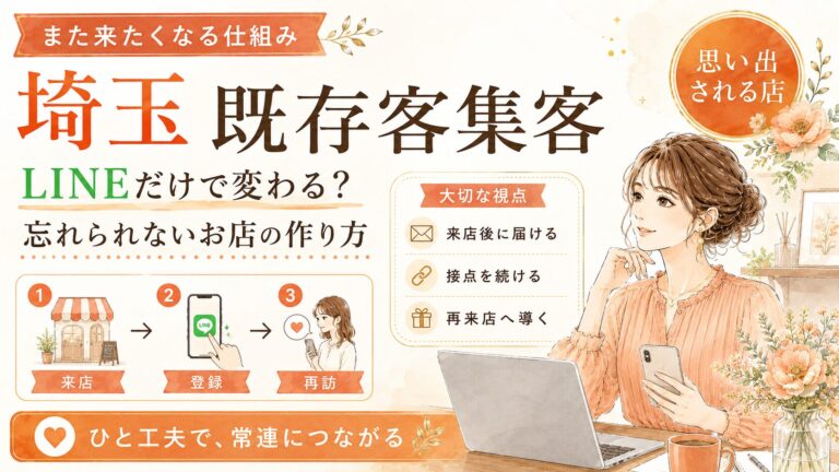 埼玉で既存客集客を強化したい店舗向けに、LINE登録・来店後フォロー・接点づくり・再来店導線をオレンジ基調でまとめた女性経営者向けアイキャッチ画像