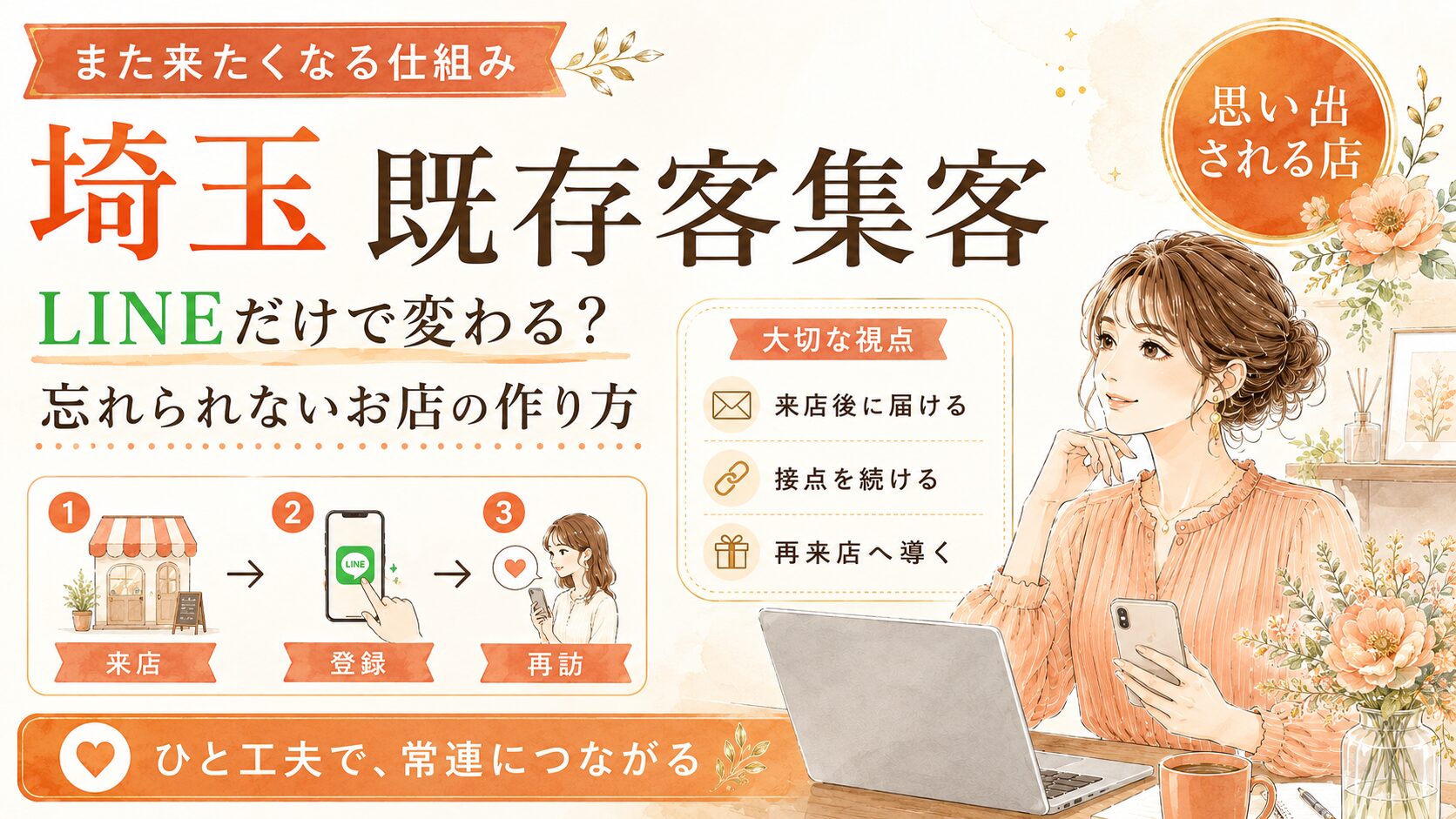埼玉で既存客集客を強化したい店舗向けに、LINE登録・来店後フォロー・接点づくり・再来店導線をオレンジ基調でまとめた女性経営者向けアイキャッチ画像