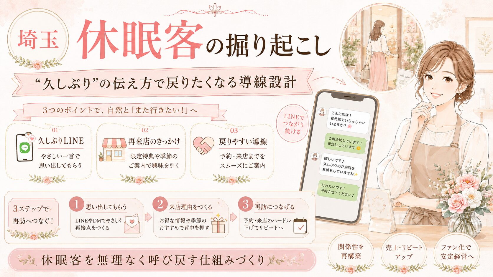 埼玉で休眠客の掘り起こしをしたい店舗向けに、久しぶりのLINE配信・再来店のきっかけ・戻りやすい導線・予約案内の流れをまとめた女性経営者向けアイキャッチ画像