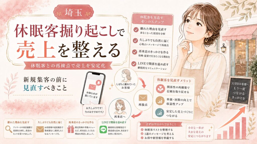 埼玉の店舗向けに、休眠客の掘り起こし方法を解説するアイキャッチ画像。女性オーナー向けのやわらかいイラストとともに、既存客への再アプローチ、LINE活用、導線見直し、売上安定化のポイントが分かるデザイン。