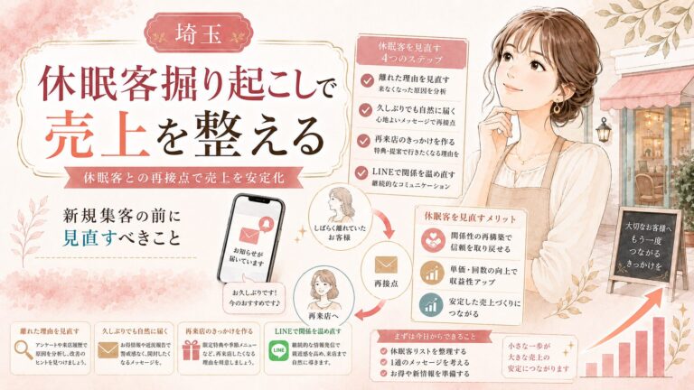埼玉の店舗向けに、休眠客の掘り起こし方法を解説するアイキャッチ画像。女性オーナー向けのやわらかいイラストとともに、既存客への再アプローチ、LINE活用、導線見直し、売上安定化のポイントが分かるデザイン。