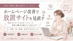 埼玉で集客に悩む女性オーナー向けに、放置されたホームページの情報整理・導線改善・問い合わせ導線の見直しを解説したアイキャッチ画像