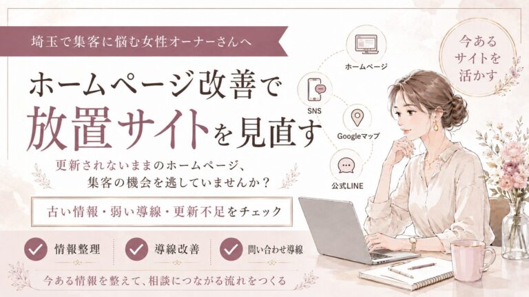 埼玉で集客に悩む女性オーナー向けに、放置されたホームページの情報整理・導線改善・問い合わせ導線の見直しを解説したアイキャッチ画像